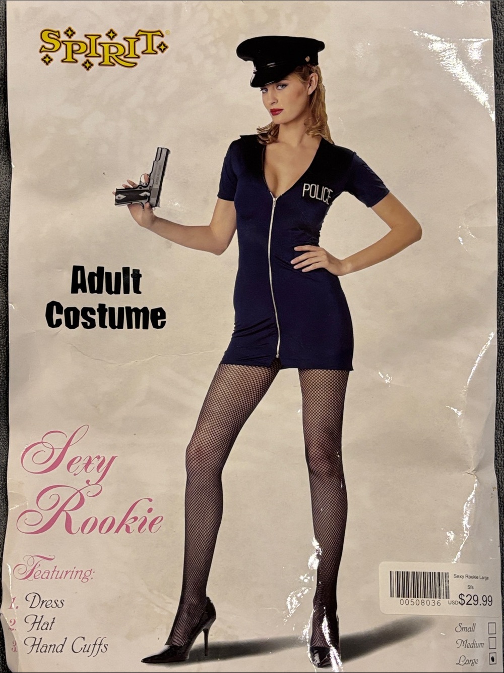 Spirit women’s Navy Blue sexy zip dress Cop Police Handcuff Halloween Costume Lg